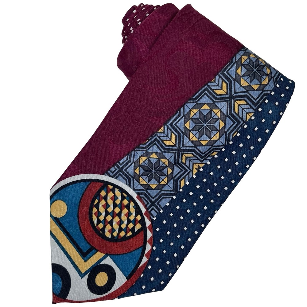 Vintage Botany 500 Necktie Tie Burgundy Blue Abstract Geometric 90s Art Deco